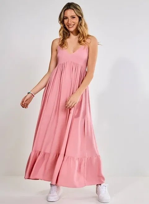 vestido midi com babado rosa seco vestido midi com babado rosa seco