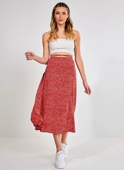 saia midi transpassada vermelha florzinhas saia midi transpassada vermelha florzinhas