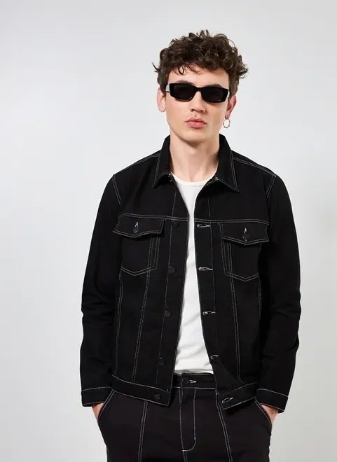 jaqueta sarja preta costuras contrastantes jaqueta sarja preta costuras contrastantes