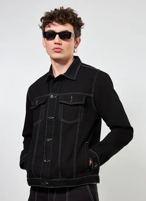 jaqueta sarja preta costuras contrastantes jaqueta sarja preta costuras contrastantes