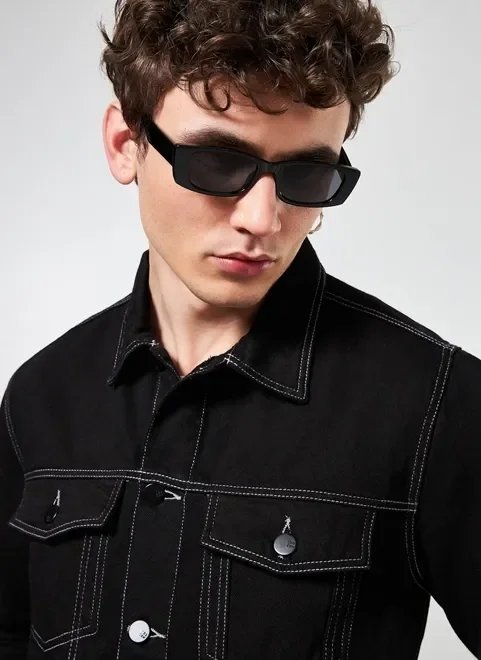 jaqueta sarja preta costuras contrastantes jaqueta sarja preta costuras contrastantes