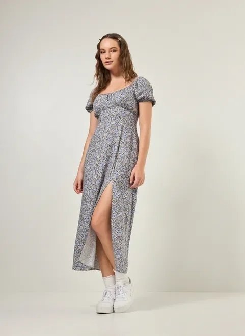 vestido midi de manga bufante com fenda vestido midi de manga bufante com fenda