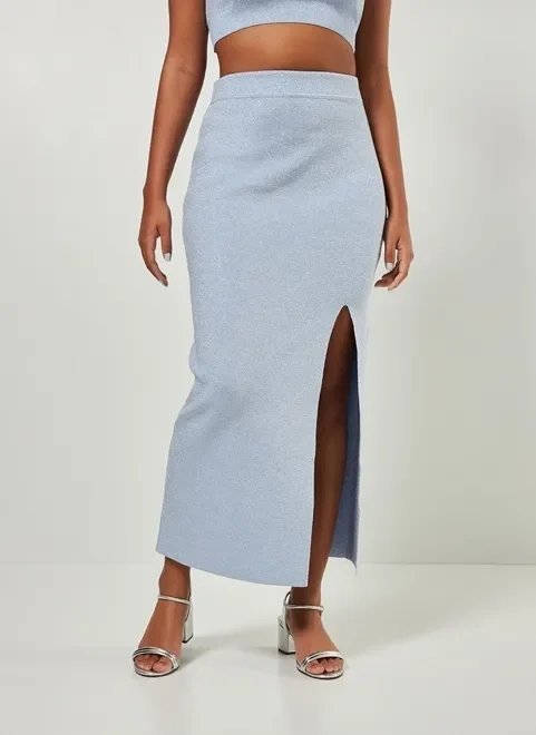 saia midi com fenda em tricô com brilho saia midi com fenda em tricô com brilho