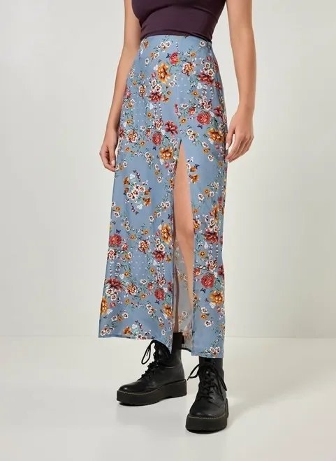 saia midi com fenda azul floral saia midi com fenda azul floral