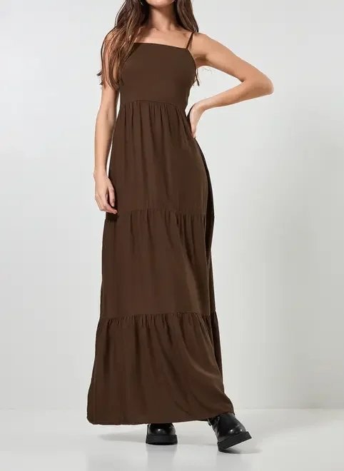 vestido longo marrom com alcinhas vestido longo marrom com alcinhas