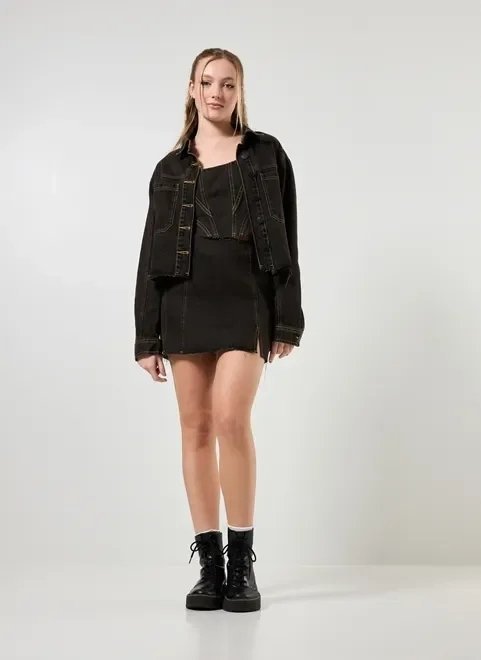 jaqueta jeans preta costuras contrastantes jaqueta jeans preta costuras contrastantes