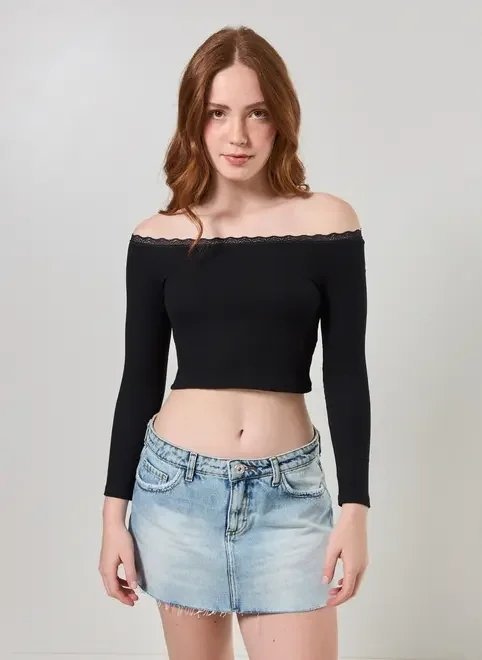 cropped manga longa com renda cropped manga longa com renda